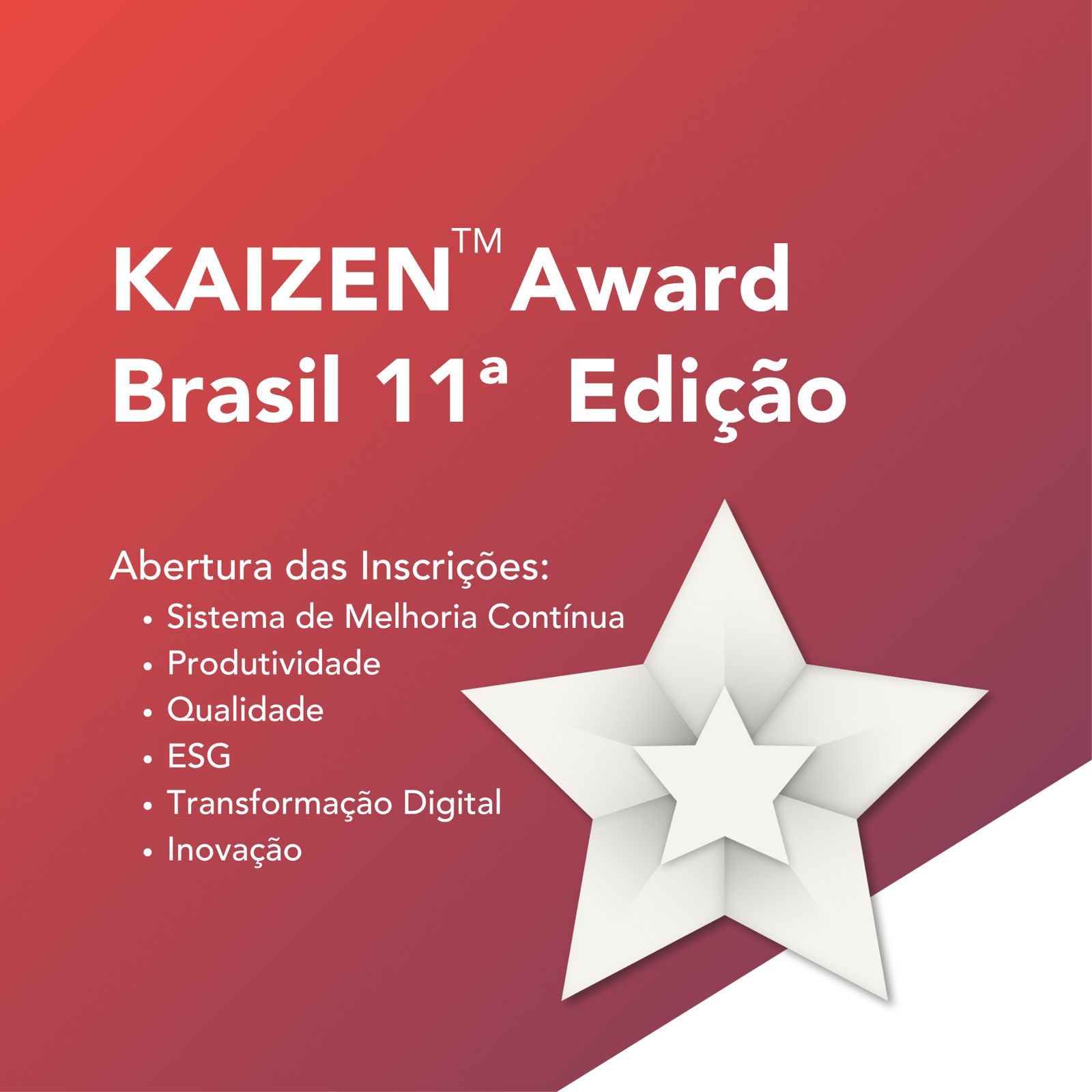 Estão abertas as inscrições para o KAIZEN™ Award Brasil 2027, premiação que reconhece projetos de excelência operacional