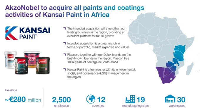 AkzoNobel adquire o negócio de tintas e revestimentos da Kansai Paint na África